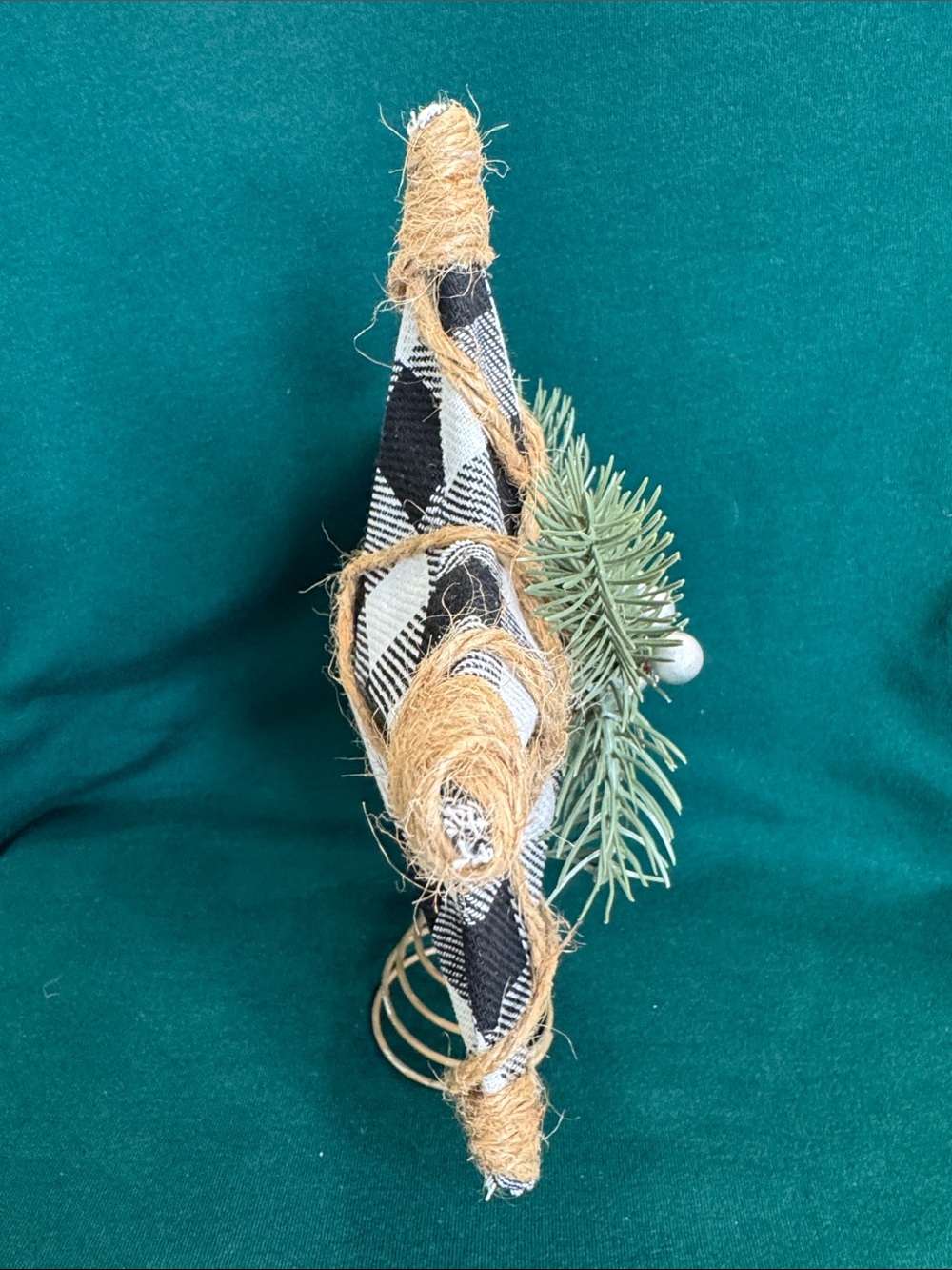 Rustic Star Tree Topper Black & White Buffalo Plaid & Jute Twine w/Pine Sprigs - Picture 2 of 5